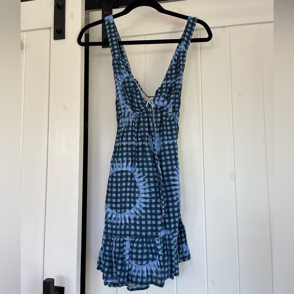 Urban Outfitters blue mini plaid summer dress backless with ruffle hem size sm